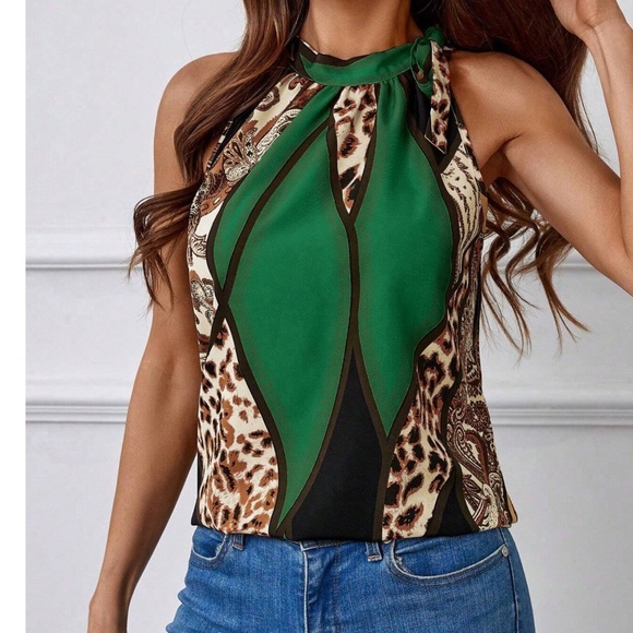 Leopard Print Color Block halter Neck Tie Tank Top - Picture 2 of 9
